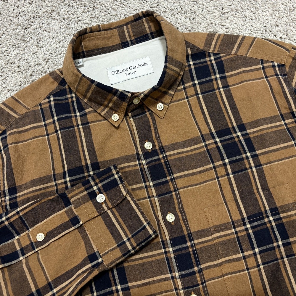 Officine Generale Shirt Mens Medium Button Down Linen Blend Brown Plaid Portugal